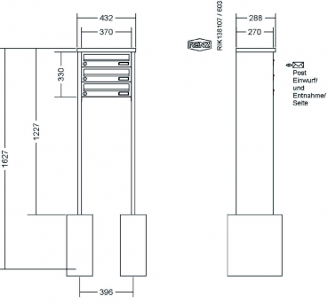 RENZ Briefkastenanlage freistehend, Tetro, Kastenformat 370x110x270mm, 3-teilig, zum Einbetonieren